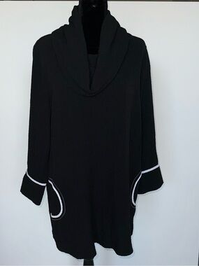 Ali Miles Black Cowl Neck Tunic Top White Trim Pockets M